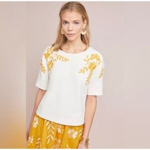 Maeve by Anthropologie White Gold Floral Embroidered Cropped Sweatshirt Size S